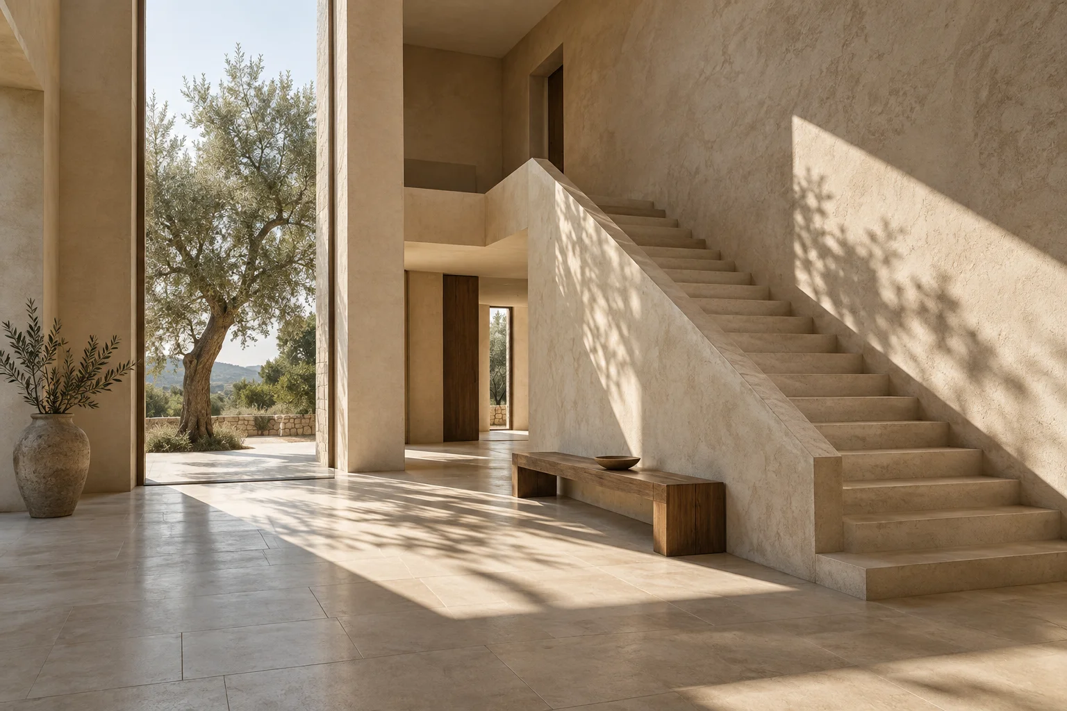 Escalier sculptural et lumière naturelle dans un intérieur STRATE